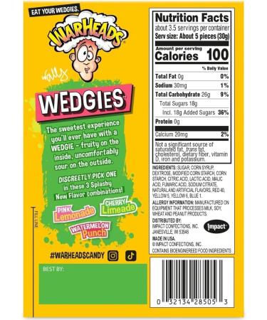 Warheads Wedgies (99g) 3 Splashy Flavor Combos | Cherry Limeade Pink Lemonade Watermelon Punch | Uncomfortably Sour Chewy Candy Treats from America! Sold by Swiss+ - Buy Online on SooperMarket.com