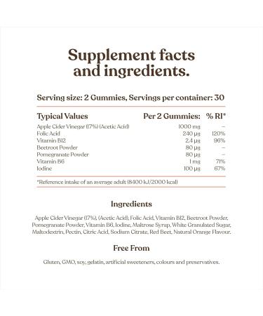 Apple Cider Vinegar Gummies 1000mg with Vitamin B12 & Folic Acid | 60 High Strength ACV Capsules | Enhanced with Pomegranate & Beetroot | Vegan Friendly | Free Soul - Buy Online on SooperMarket.com
