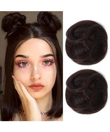 REECHO Space Bun Hair Pieces 2 PCS Mini Claw Clip in Messy & Cat Ears Fake Hair Bun Extensions Wig Accessory Updo Hairpieces for Women Girls (Pack of 2-3.5" Wavy Black Brown) Pack of 2 - 3.5" Wavy Black Brown