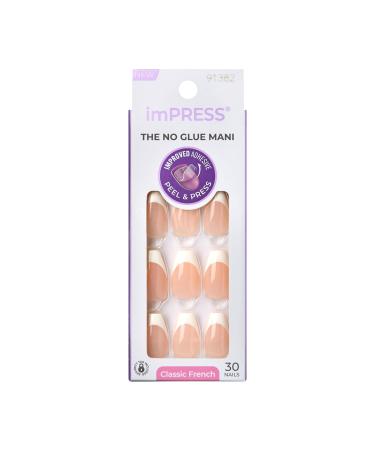 KISS imPRESS No Glue Mani Press-On Nails French 'Ideal' Light Neutral + White Tip French Medium Size Coffin Shape Includes 30 Nails Prep Pad Instructions Sheet 1 Manicure Stick 1 Mini File