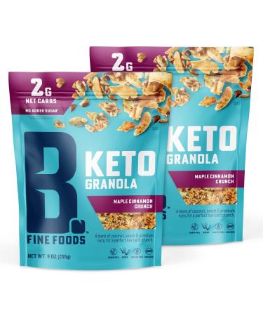 Keto Granola High Protein Snack, Pack of 2 (9oz) - Maple Cinnamon Crunch - Breakfast Blend of Coconut, Seeds & Nuts - 2g Net Carbs, Gluten & Grain-Free, Kosher & Contains Nuts by B. Fine Foods Maple Cinnamon Crunch 9 Ounce…