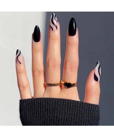 JUSTOTRY 24 Pcs Short False Nails Swirl Almond Black French Press on Nails Pattern Nude Fake Nails Short with Nail Glue Stiletto Stick on Nails for Women Nails Fake Nail Medium for Nails Art black swirl1