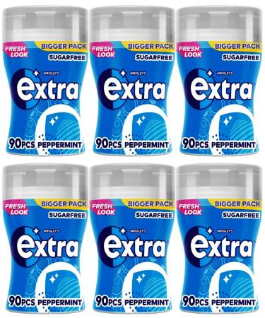 Extra Peppermint Chewing Gum Sugar Free Large Bottle 6 Packs of 90 Pieces (Peppermint)