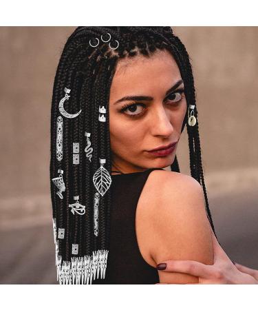 Dreadlocks Locs Jewelry Set - 107 Pieces Stainless Steel Clips & Charms for African Braids, Adjustable Hair Cuffs - Butterfly, Shell, Leaf, Snake, Moon, Cross - Silver Dreadlock Accessories - Buy Online on SooperMarket.com