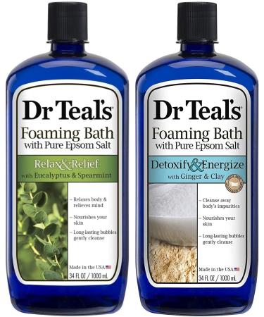 Dr Teal's Foaming Bath Combo Pack (68 fl oz Total), Relax & Relief with Eucalyptus & Spearmint, and Detoxify & Energize with Ginger & Clay. Treat Your Skin, Your Senses, and Your Stress.