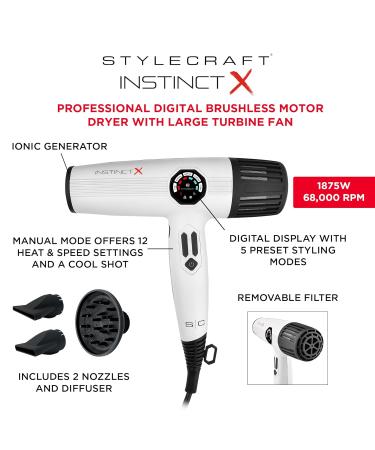 StyleCraft Instinct-X Professional Hair Dryer | Brushless Motor Digital Display 2 Nozzles & Diffuser Fast International Shipping - Buy Online on SooperMarket.com