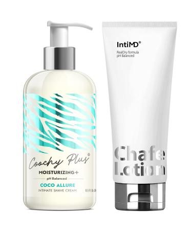 Coochy Plus Coco Allure & Chafe Lotion Kit - Intimate Shave Cream Prevents Razor Burn In-Grown Hair + Chafe Lotion Anti-Chafe Cream, Anti-Rubbing, Friction for Inner Thighs Armpit Running Cycling