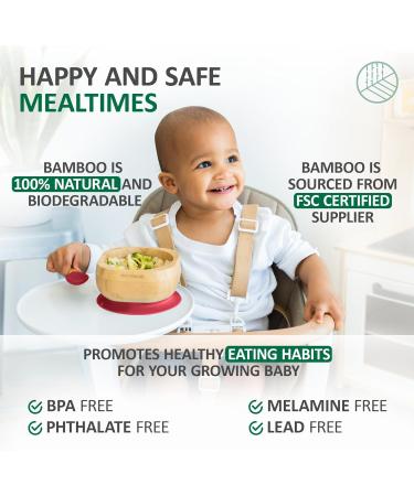 Eco Rascals Natural Bamboo Baby/Toddler Bowl & Spoon Set | Suction Base | BPA Free (Red) | Weaning Feeding Set - Buy Online on SooperMarket.com