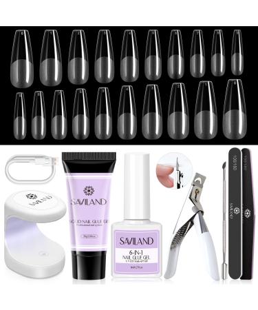 Saviland Nail Tips and Glue Gel Kit - Gel X Nail Kit 30g Solid Glue Gel 500pcs Coffin Nails Tips with All-In-One Nail Glue Gel, Mini Lamp for Gel nails, DIY Nail Art Tools Gel Nail Extension Kit A-Gel X Coffin Nail KIT