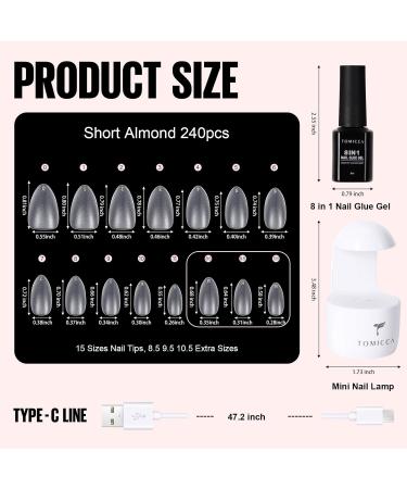 TOMICCA French Nail Extension Kit with Portable Lamp and Glue - 240 Short Almond Nail Tips - DIY Gel Nail Art Tools - Buy Online on SooperMarket.com