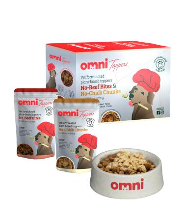 Omni Wet Dog Food Toppers - Vet-Formulated Pouches to Use as Dog Treats or a Food Topper on Dry Food Meat Like Chunks in Gravy 4 Months Plus - x4 No Beef Bites x4 No Chick Chunks