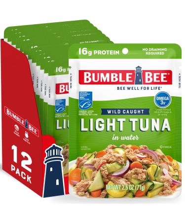 BUMBLE BEE Premium Light Tuna Pouch in Water, Ready to Eat Tuna Fish, High Protein, Keto Food and Snacks, Gluten Free, 2.5oz Pouch (Pack of 12)