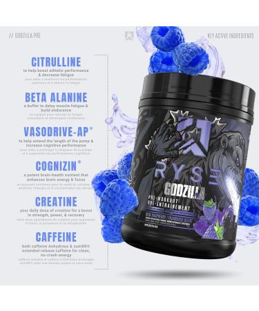 RYSE Noel Deyzel x Godzilla Pre Workout | Intense Pumps Energy & Focus | Citrulline & Beta Alanine | 400mg Total Caffeine | 40 Servings (Blue Raspberry) - Buy Online on SooperMarket.com