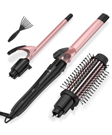 3-in-1 Curling Set: Heated Brush Curling Iron (3/4 1 1 1/2 inch) Oval Wands - Dual Voltage (Pink)