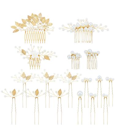 inSowni 17 Pieces Gold Metal Wedding Bridal Leaf Flower Pearl Hair Side Combs Slides+U-shaped Hair Pins Formal Prom Party Headpieces for Brides Bridesmaids Women Girls