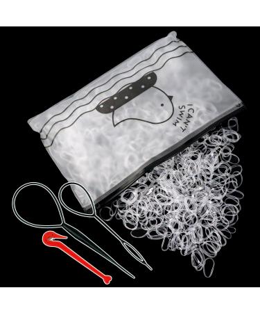 Sularpek 1000 Pcs Elastic Hair Bands Hair Elastics Clear Hair Elastic Bands Plastic Hair Bands Small Hair Bands Hair Rubber Bands for Hair Braids With Band Removal Hook+2 Hair Braid Tools transparent