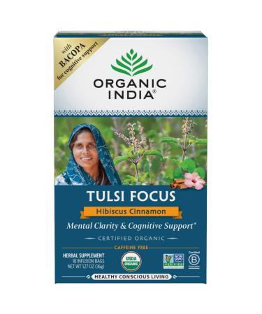 Organic India Tulsi Focus with Bacopa Hibiscus Cinnamon Caffeine Free 18 Infusion Bags 1.27 oz (36 g)