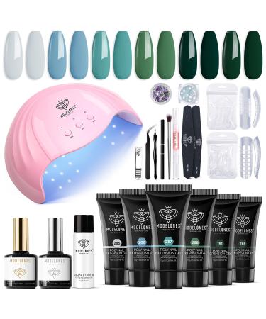 Modelones Poly Nail Gel Kit - 6 Colors with 48W Nail Lamp Dark Emerald Green Extension Gel Misty Gray Blue Fall Winter Builder Gel Slip Solution Glitter Nail Kits for Starter DIY Gift