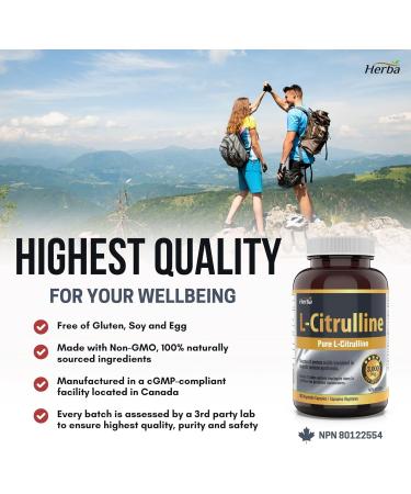 Herba L-Citrulline Capsules 750mg 180 Vegetable Capsules | 3 000mg Per Serving | Pure L Citrulline Nitric Oxide Supplement | NPN from Health Canada | Made & 3rd Party Tested in Canada - Buy Online on SooperMarket.com
