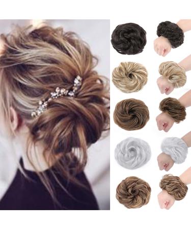 Messy Hair Scrunchies Thick Hair Bun Extensions 45g Updo Ponytail Hairpiece Donut Hair Piece Chignons Hair Accessories - Coffee Brown mix Bleach Blonde 45 g Honey Blond-Bleach Blond