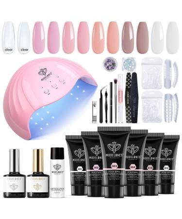 Modelones Poly Nail Gel Kit - Nail Extension Enhancement Builder Nail Gel with 48W LED Nail Lamp 6 Nude Pink Color Slip Solution Rhinestones Glitters All In One Kit Manicure Starter Kit DIY at Home Gift for Women