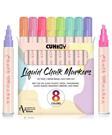 CUHIOY Pastel Chalk Markers for Blackboard, 8 Colour Liquid Dry Erase Marker for Chalkboard, Erasable 6mm Reversible Tip Drawing Chalk for Display DIY Windows Glass Kids Painting - Gifts for Artists