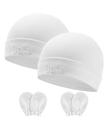 Aolso Newborn Baby Hats Mittens Set 2pcs Baby Hats Caps & 2 Pairs Baby Mittens Gloves Infant White Hats Baby Cotton Gloves No Scratch Mittens for 0-6 Months 0-6 Months White