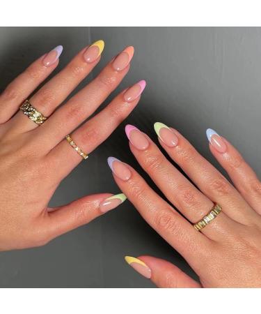 MISUD Short Round Press on Nails Oval Fake Nails Glossy Glue on Nails Colorful French Tip Acrylic Nails Summer Artificial Nails Rainbow Edge Stick on False Nails with Design 24 pcs 01003Multi-colored