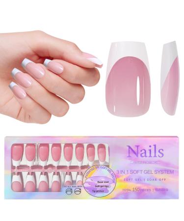 French Gel Nail Tips 150pcs Medium Coffin Press on Soft Gel Fake Nails 3 in 1 X-coat Pre-Applied Tip Primer & Base Coat 15 Sizes for DIY Nail Extension No Filing Required (HJ-NT087-02)