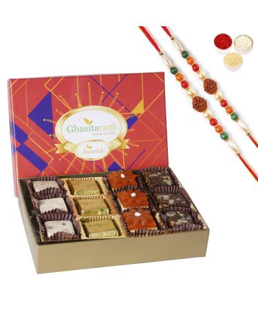 Ghasitaram Gifts Jaiccha Rakhi for Brother Assorted Bites in Premium Box 12pcs with 2 Rudraksh rakhis