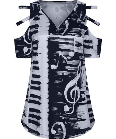 Women's V-Neck Zipper Print Off-Shoulder Top | Short Sleeved T-shirt - Buy Online on SooperMarket.com