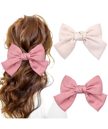Yoosit 2 Colors 8 Inch Large Bowknot Satin Hair Bows French Barrettes Hair Clips Ponytail Holder Hair Bow Ribbon Accessories for Women Girls (champagne and watermelon red hair bows)