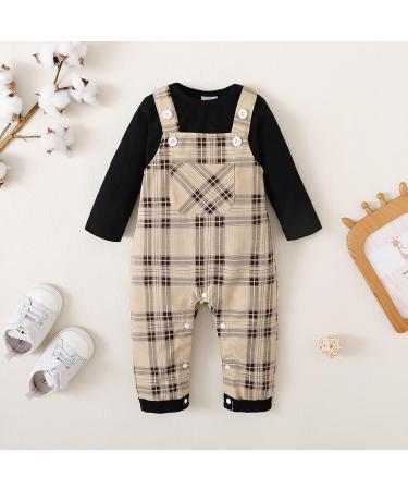 Puseky Baby Boy 3-6 Months Black Romper with Plaid Suspenders Overall Pants - Buy Online on SooperMarket.com