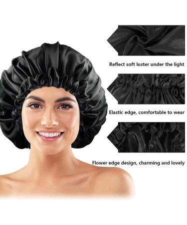 Adjustable Double Layer Satin Bonnet for Women - Large Silk Sleep Cap for Curly Natural Hair (Black) - Buy Online on SooperMarket.com