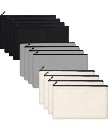 ZeeDix 12 Pieces Canvas Pencil Pouch Bulk- 8.3 x 5 inches Blank DIY Craft Bag Canvas Zipper Bags Pen Case Multipurpose Cosmetic Bag Canvas Makeup Bag Travel Toiletry Bag for Storage(Black+Grey+Beige) 12pcs multi-color bags