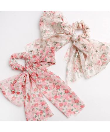 2PCS Floral Hair Scarf with Ribbon Bow for Women and Girls - Silk Long Tails Scrunchy Elastics Ponytail Holder - Buy Online on SooperMarket.com