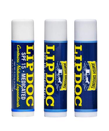 Amish Origins Lip Doc SPF 15 Medicated Lip Balm (3 PACK)- All-Natural Deep Moisturizing Lip Balm Potent Formula for Chapped and Cracked Lips All Natural Essential Oils 0.15 Ounce (Pack of 3)