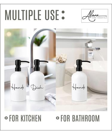 Alora Hand Soap Dispenser and Liquid Dish Soap Dispenser for Kitchen Sink - Set of 2 - Black Metal Pumps - Reusable Plastic Bottle with Easy to Read Lettering - Countertop Replacement Refill Set of 2 (16 Ounce) White - Buy Online on SooperMarket.com