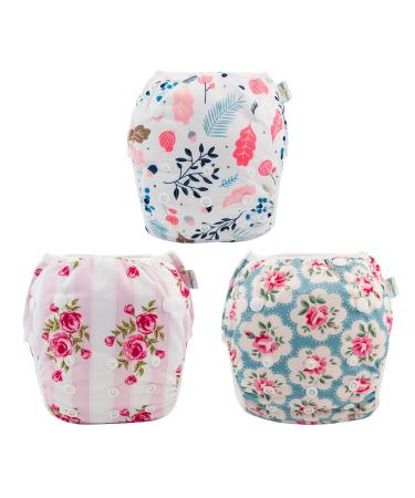 Babygoal Baby & Toddler Swim Diapers 0-3T, Reusable Adjustable Washable One Size for Boys and Girls Gifts and Swimming Lessons 3 Pack 01 Rose & Peach Blossom Small (Pack of 3)