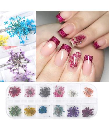 Dokpav 2 Boxes Dried Flowers for Nail Art - 24PC Green Leaves & Real Flower Set with Curved Tweezers | 3D Nail Art Accessories for Stunning Nail Decor - Buy Online on SooperMarket.com