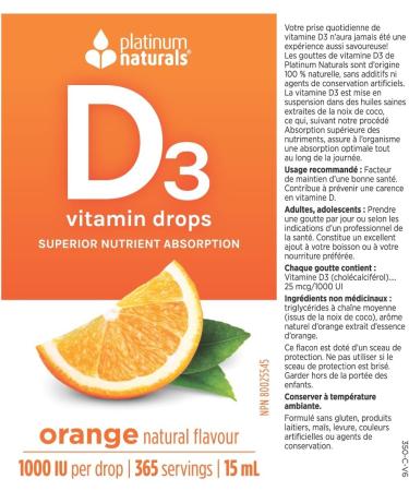 Platinum Naturals D3 Drops for Adults - Orange Flavored 15ml - High Potency Liquid Vitamin D Supplement 1000 IU per Drop - Supports Overall Wellness - Easy-to-Use Dropper - Buy Online on SooperMarket.com