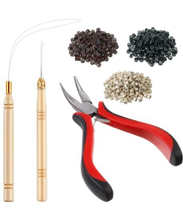 Hair Extension Kit Pliers Pulling Hook Needle Bead Device Tool Kits and 600 Pieces Silicone Lined Micro Rings (Black, Blonde and Brown Beads)