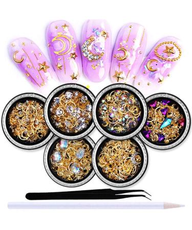 SILPECWEE 6 Boxes 3d Nail Rhinestones And Studs Gold Nail Rivets Set Nail Crystals Clear Nail Jewelry Decorations Manicure Kit With 1Pc Tweezers And Picker Pencil Mix Decoration Kit