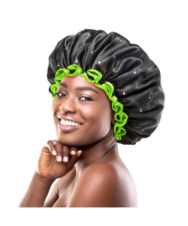 Mikimini extra large black shower hoods in a pack of 2 for women and men thick braids made of long hair reusable waterproof double-layer XL bathroom hair hood with bright green border (2-pack) black+green