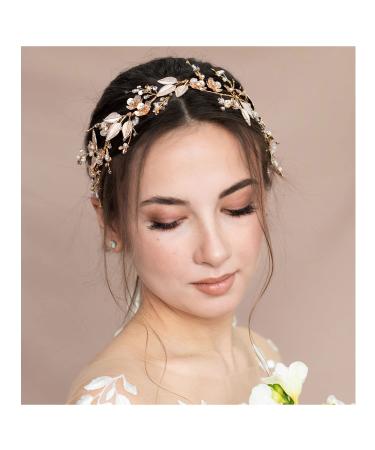 SWEETV Handmade Wedding Headpieces for Bride Hair Accessories Flower-Leaf Bridal Headband Rose Gold Wedding Hair Piece