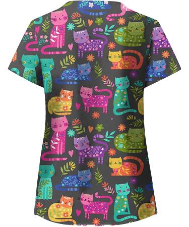Cat Flower Print V Neck Scrub Top - XX-Large - Black | Nurse Uniform with Pockets - Buy Online on SooperMarket.com