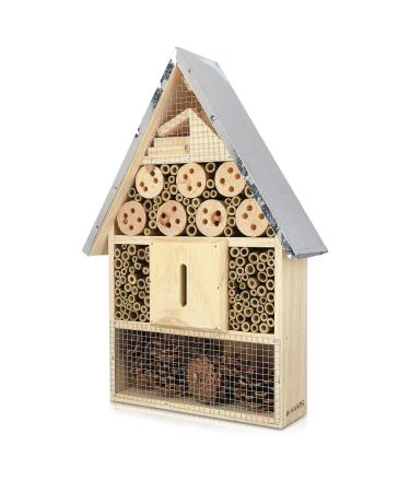 Navaris XL Wooden Insect Hotel - 23 x 40 x 7 cm - Natural Wood Insect Home - Garden Shelter Bamboo Nesting Habitat - Bees Butterflies Ladybugs Insects