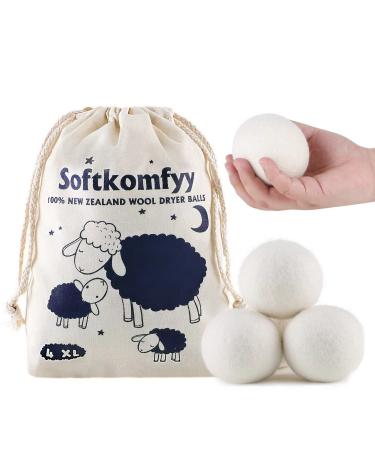 Wool Dryer Balls 4 Pack XL,100% New Zealand Wool Natural Fabric Softener,Handmade Organic Laundry Dryer Balls,Reusable 1000 Loads,Wrinkles Free, Shorten Drying Time,Baby Safe 4 PACK XL Natural White