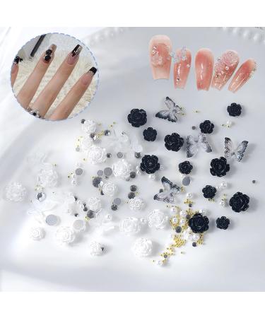 3D Flower Nail Charms 200 Pcs White Black Clear Acrylic Camellia Nail Art Charms Rose Butterfly Nail Rhinestones Gems Jewelry with Mini Caviar Beads Pearls (White+Black+Clear) - Buy Online on SooperMarket.com