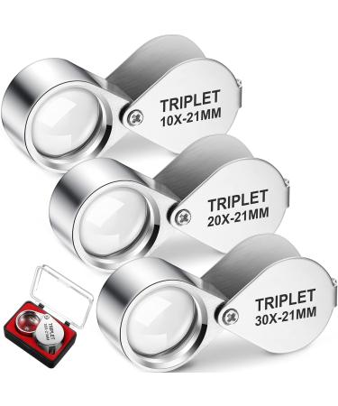 3 Pieces Jewelers Eye Loupe Set 10X, 20X and 30X Pocket Jewelry Loupe, Jewelers Eye Magnifying Glass Magnifier for Jewelry Coins Gems Stamps Watches Supplies (Silver)